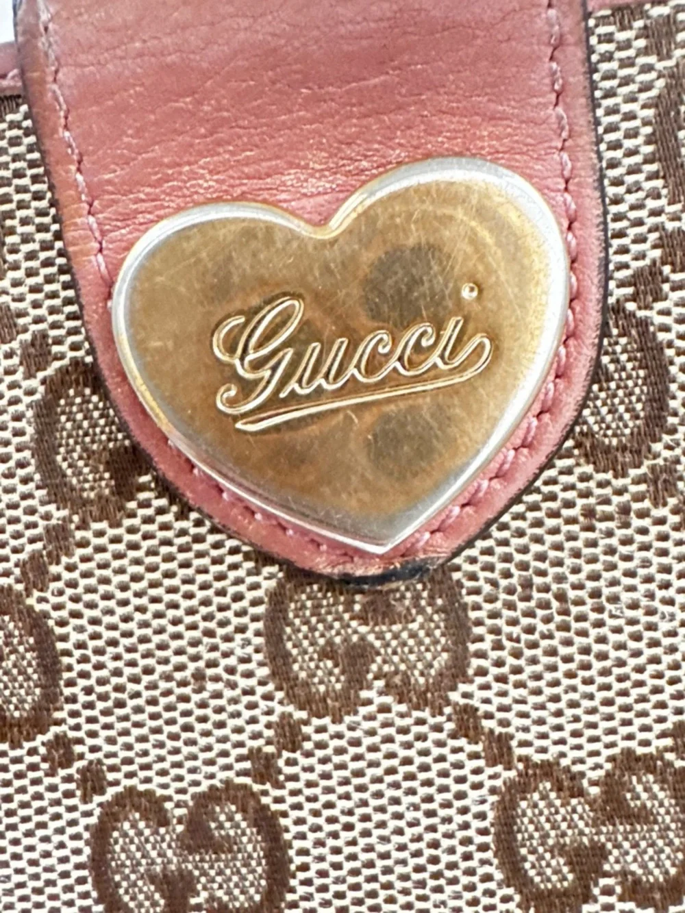 Gucci Vintage Pink Brown & Beige Monogram Canvas Heart Snap Wallet - Picture 7 of 10